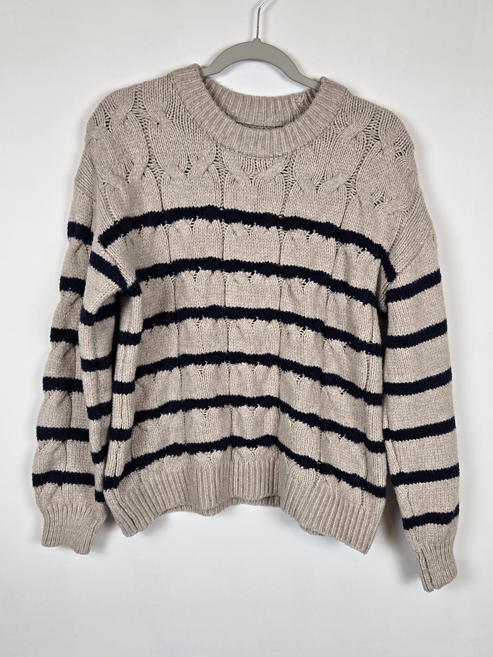 LC Lauren Conrad Beige Crewneck Sweater with Navy Stripes